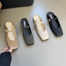 Retro Metal Buckle Mary Jane Mule Shoes Square-Toe Flat-Heeled Covered-Toe Sandals