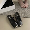 Retro Metal Square-Toe Mary Jane Mules Strappy Low-Heel Covered-Toe Sandals