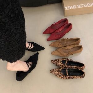 Crossed lace-up pointed toe Mary Jane shoes, multi-colored suede leopard print vintage flat shoes