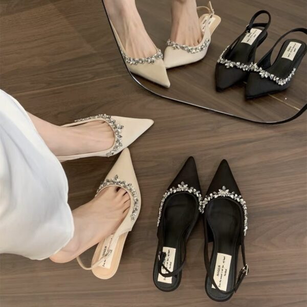 Rhinestone-embellished pointed-toe open-back sandals Elegant stiletto-heel evening and work-appropriate women's shoes