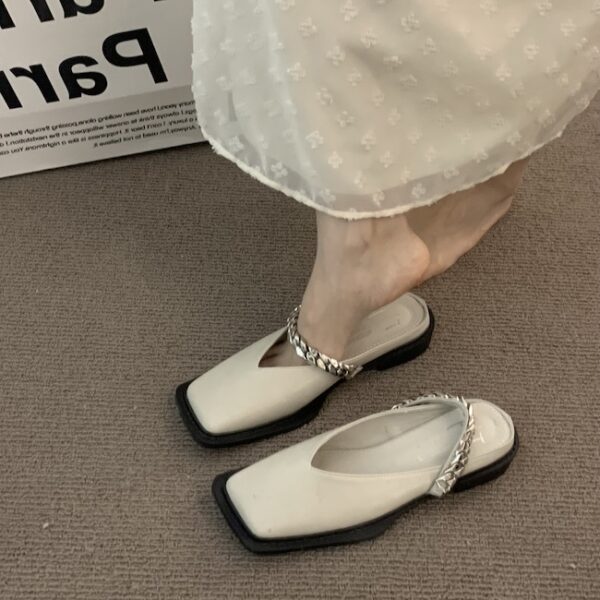 Square-Toe Metal Chain Mary Jane Mules Minimalist Flat Sandals