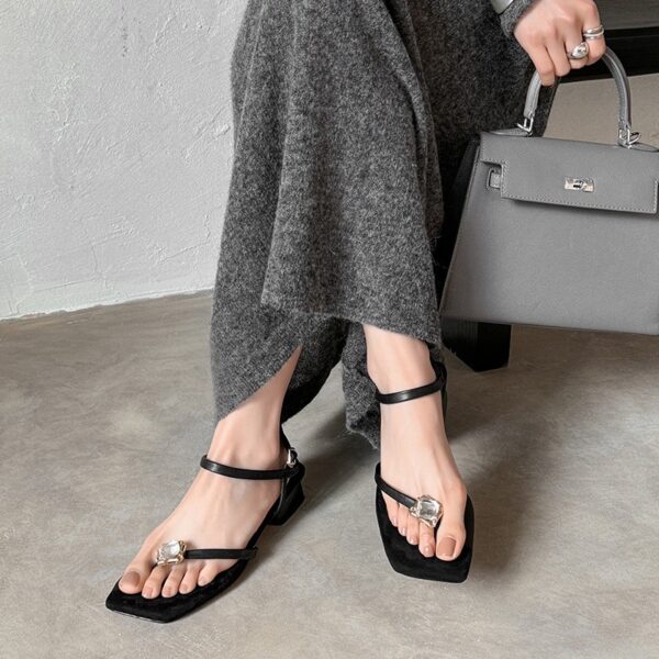 Genuine Leather Square-Toe Diamond-Embellished Sandals with Low Heels
