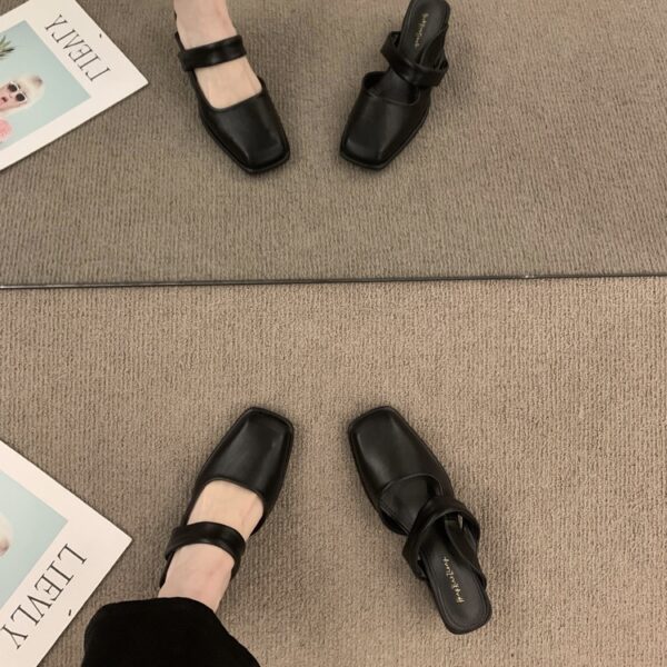 Retro Square-Toe Mules Chunky Heel Strap-Up Toe-Covered Sandals
