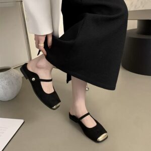Retro Metallic Mary Jane Mules Square-Toe Low-Heel Suede Sandals