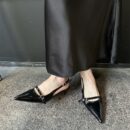 Multi-Color Retro Fashion Pointed-Toe Open-Back Sandals Metal Buckle Stiletto Party Heels