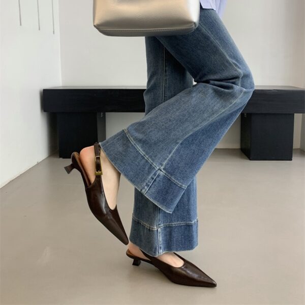 Pointed-toe backless metal buckle flats Retro stiletto-heel commuter low-heel sandals