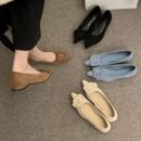 French pointed suede shallow mouth low-heeled flat shoes with a big square buckle decoration