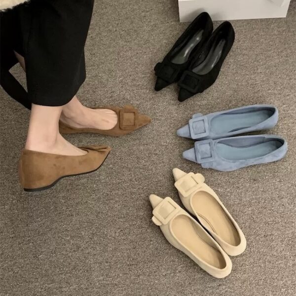 French pointed suede shallow mouth low-heeled flat shoes with a big square buckle decoration