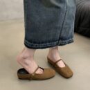Retro Square-Toe Mary Jane Mules Suede Single-Strap Covered-Toe Sandals
