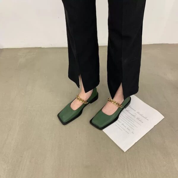French Vintage Metal Chain Square-Toe Mary Jane Flats