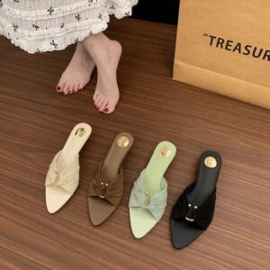 French Vintage Fashion Metal Buckle Pointed-Toe Short Heeled Sandals