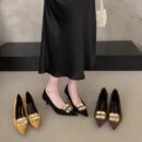 French style metal buckle pointed toe mid-heel shoes, suede mid-heel retro commuter women's shoes