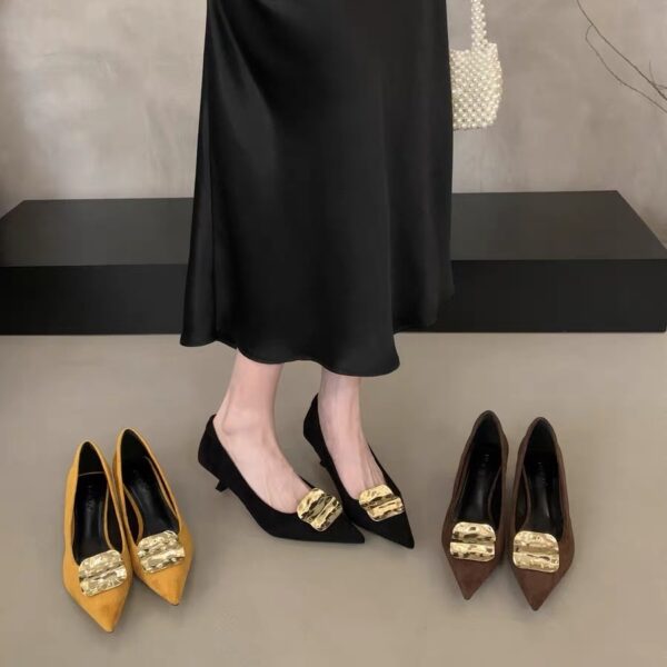 French style metal buckle pointed toe mid-heel shoes, suede mid-heel retro commuter women's shoes