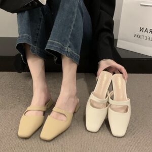Retro Square-Toe Mary Jane Mules Mid-Heel Covered-Toe Sandals