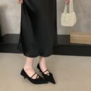 French cross-band pointed toe shoes suede mid-heel retro commuting women's shoes