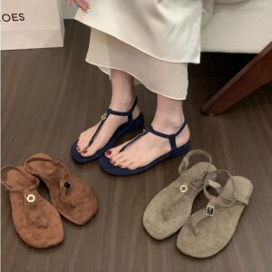 Retro Suede T-Strap Flat Sandals with Metal Accents