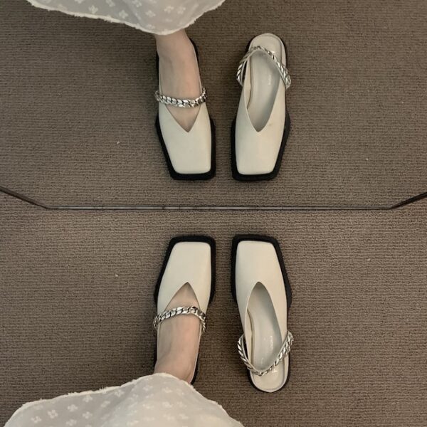 Square-Toe Metal Chain Mary Jane Mules Minimalist Flat Sandals