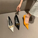 Multi-color metal buckle pointed-toe low-heel shoes Retro-inspired commuter pumps