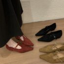 Suede Pointed-Toe T-Strap Chunky Heel Flats Retro Mary Jane Low-Cut Low-Heel Pumps