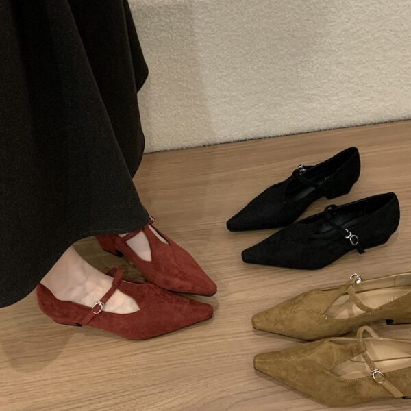 Suede Pointed-Toe T-Strap Chunky Heel Flats Retro Mary Jane Low-Cut Low-Heel Pumps