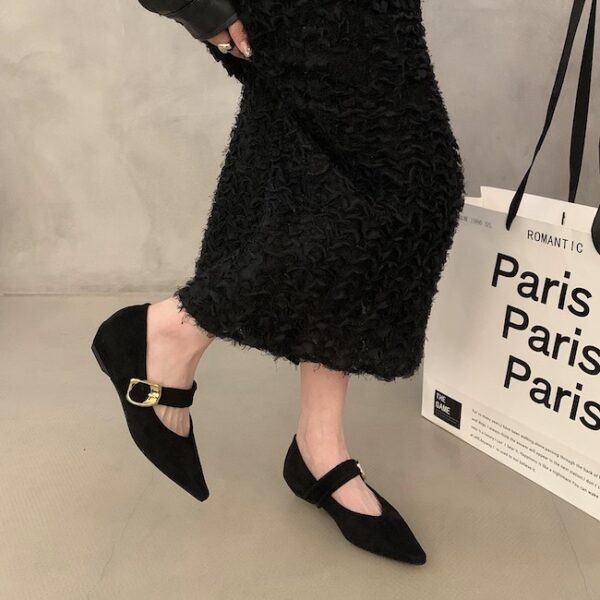 Retro Suede Pointed-Toe Flats with Buckle
