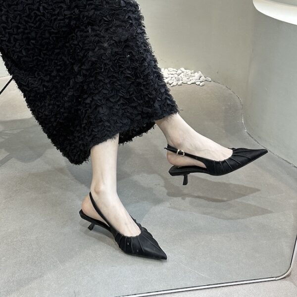 Retro Pleated Pointed-Toe Open-Back Pumps Slim-Heel French-Style Commuter Heels