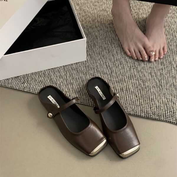 Retro Metal Square-Toe Mary Jane Mules Strappy Low-Heel Covered-Toe Sandals