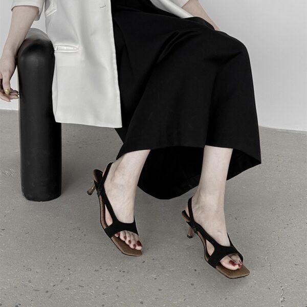 Genuine Leather Vintage Square-Toe High-Heel Sandals