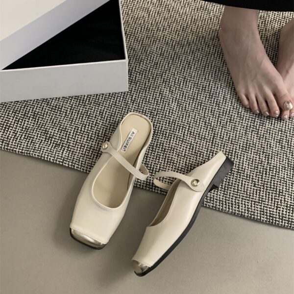Retro Metal Square-Toe Mary Jane Mules Strappy Low-Heel Covered-Toe Sandals