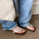 Genuine Leather Square-Toe Diamond-Embellished Sandals with Low Heels