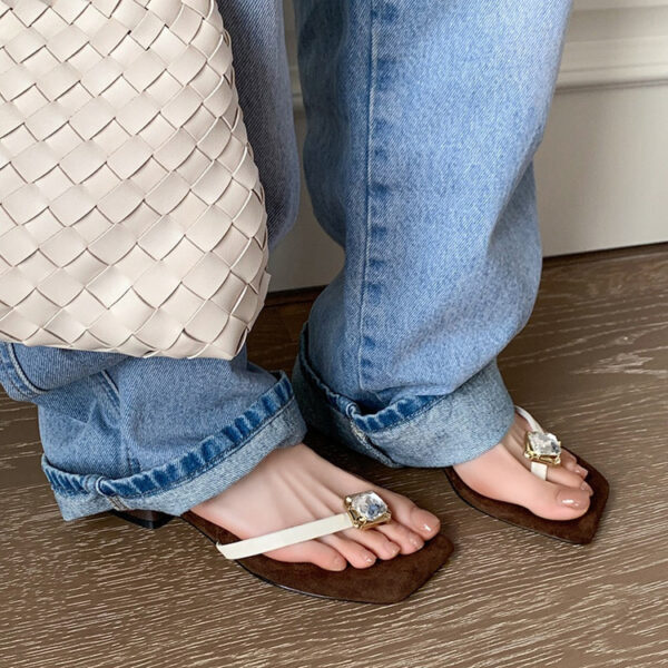 Genuine Leather Square-Toe Diamond-Embellished Sandals with Low Heels