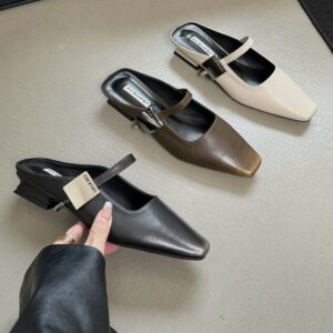Square-toe metal buckle Mary Jane mules shoes Chunky heel retro peep-toe sandals