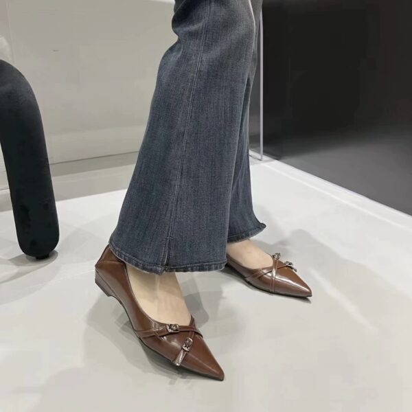 Multi-Color Metal Buckle Pointed-Toe Flats Retro Low-Heel Everyday Commuter Shoes for Women