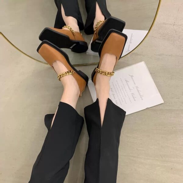 French Vintage Metal Chain Square-Toe Mary Jane Flats
