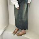 Retro Metal Buckle Mary Jane Mule Shoes Square-Toe Flat-Heeled Covered-Toe Sandals