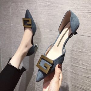 Multi-color suede metallic G-buckle pointed-toe shoes Side-open stiletto heel commuter pumps