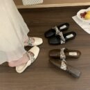 Retro-Print Buckle-Strap Square-Toe Mary Jane Mules Flat-Soled Closed-Toe Sandals