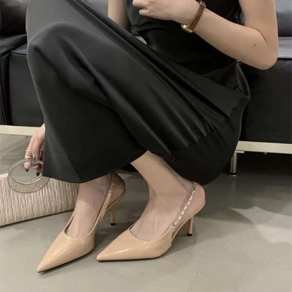 Rhinestone Chain Backless Pointed-Toe High Heels Slim-Heel Pumps for Commuting and Parties