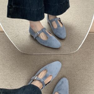 Multi-Color Suede T-Strap Flat Shoes Retro Mary Jane Comfortable Commuter Shoes