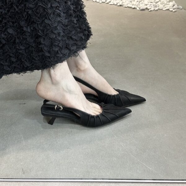 Retro Pleated Pointed-Toe Open-Back Pumps Slim-Heel French-Style Commuter Heels