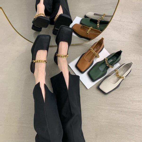 French Vintage Metal Chain Square-Toe Mary Jane Flats