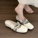 Retro-Print Buckle-Strap Square-Toe Mary Jane Mules Flat-Soled Closed-Toe Sandals