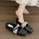 Retro-Print Buckle-Strap Square-Toe Mary Jane Mules Flat-Soled Closed-Toe Sandals