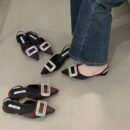 Rhinestone Square Buckle Pointed-Toe Open-Back Sandals Retro Flat Commuter Sandals