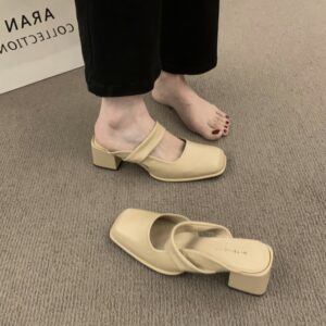 Retro Square-Toe Mules Chunky Heel Strap-Up Toe-Covered Sandals