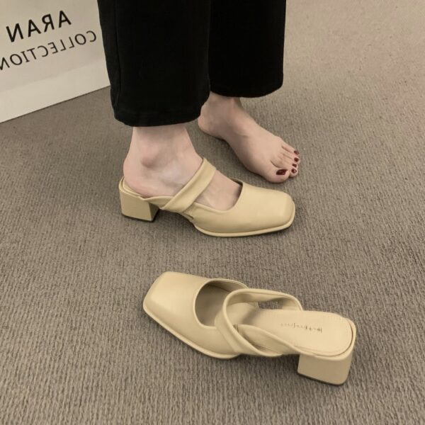 Retro Square-Toe Mules Chunky Heel Strap-Up Toe-Covered Sandals