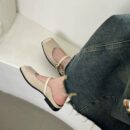Retro Metal Buckle Mary Jane Mule Shoes Square-Toe Flat-Heeled Covered-Toe Sandals