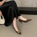 French style metal buckle pointed toe mid-heel shoes, suede mid-heel retro commuter women's shoes