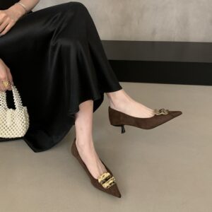 French style metal buckle pointed toe mid-heel shoes, suede mid-heel retro commuter women's shoes