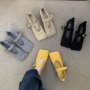 Fashionable Suede Square-Toe Mary Janes with Metal Triangle Buckle